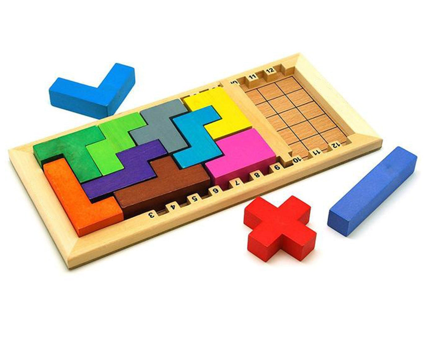 Wooden mind game with various pieces and layout for educational entertainment.