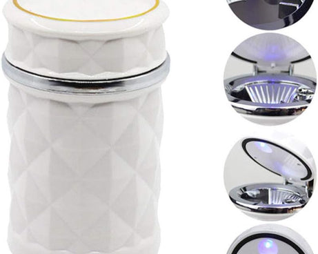 Car Cupholder Travel Ashtray with Lid and LED Light, Portable with Blue LED Light Ideal Decorative Cigar Ash Bucket, Cigarette Ashtray, Car Waste Bin
