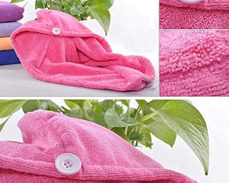 Fast-drying microfiber towel for hair, includes shower cap option.