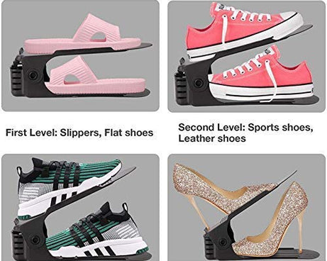 Space-efficient adjustable shoe slots organizer.