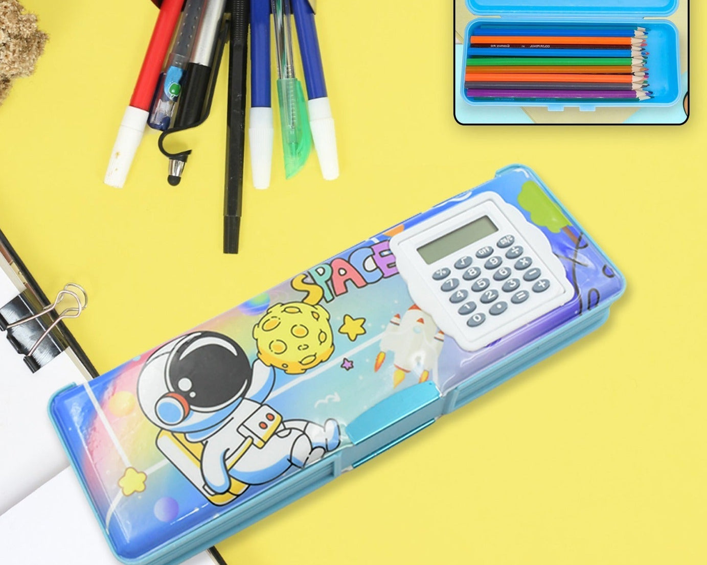 Double Sided Magnetic Geometry Box, Pencil Box with Calculator for Boys Art Plastic Pencil Box  for Girls and Boys
