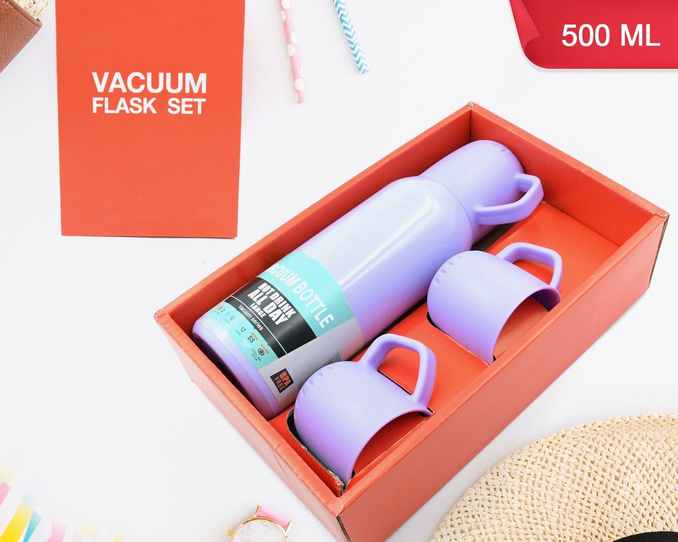 Vacuum Flask Set Stainless Steel Thermos With 3 Cup Creative Gift Set With Cover Handle Portable Car Water Bottle Set (Approx 500ml)