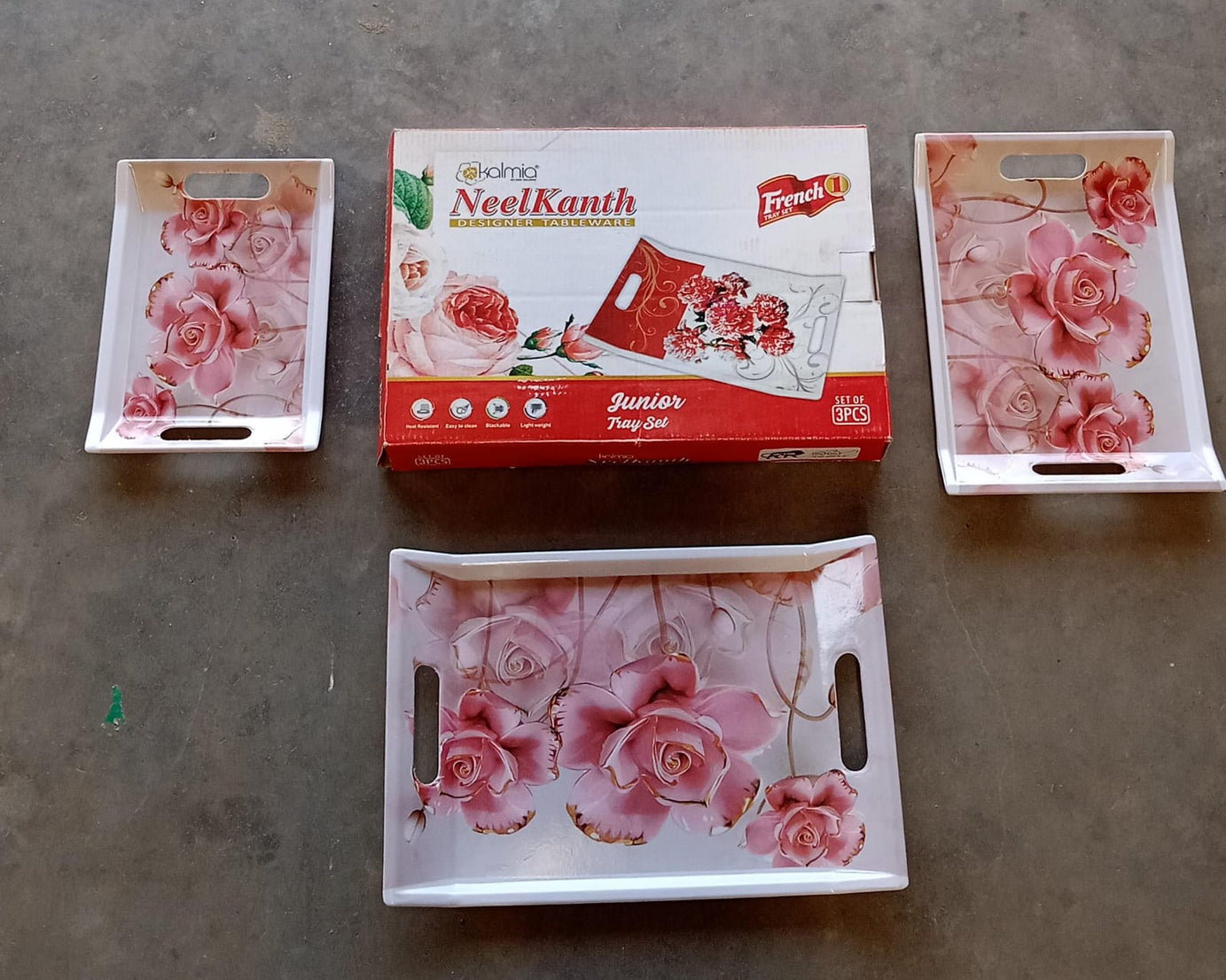 Plastic Rectangular Shape Flower Printed Design Serving Tray 3 pcs Home and Kitchen Use (3 pcs set)