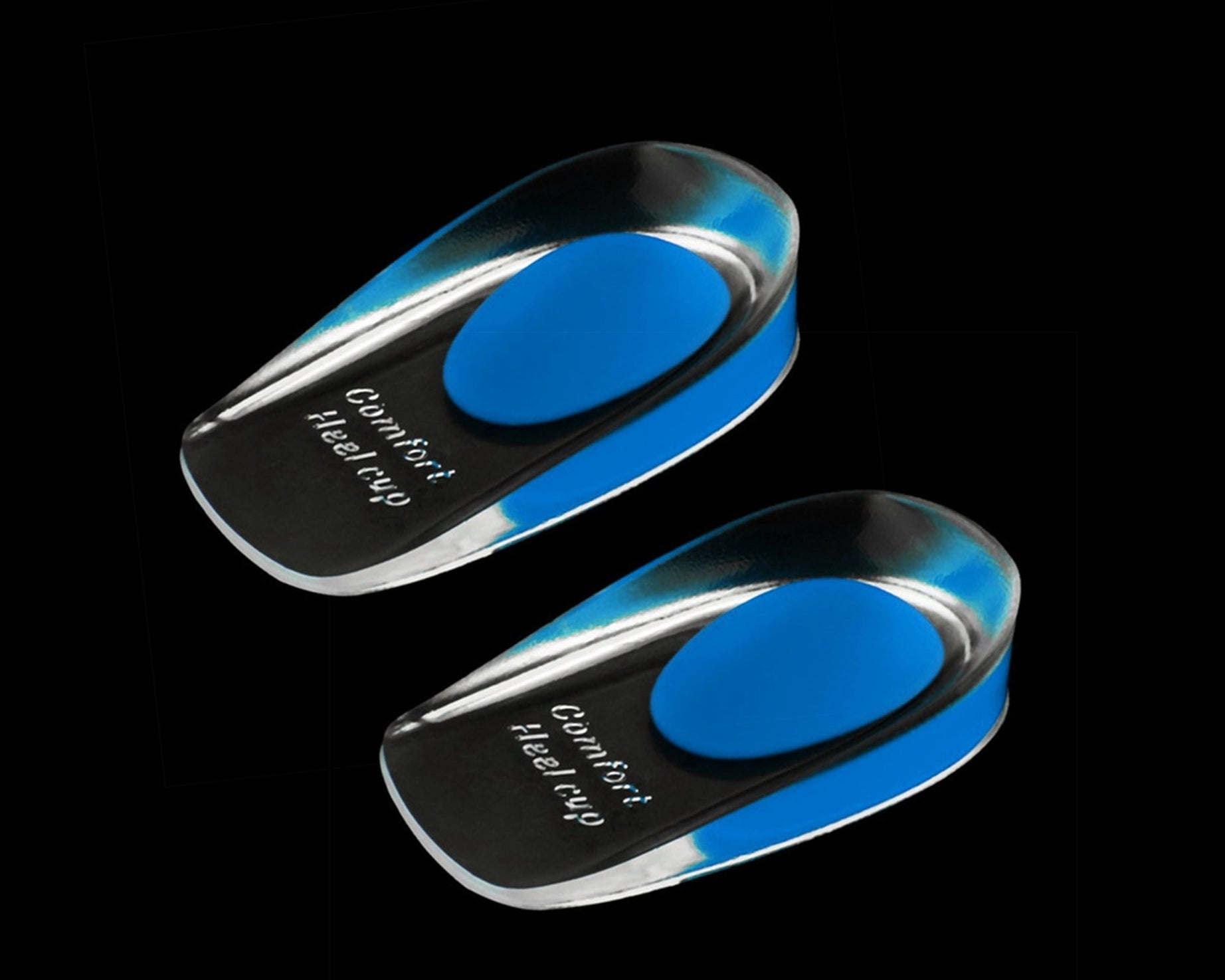 Gel heel cups for cushioning and relieving heel pain.