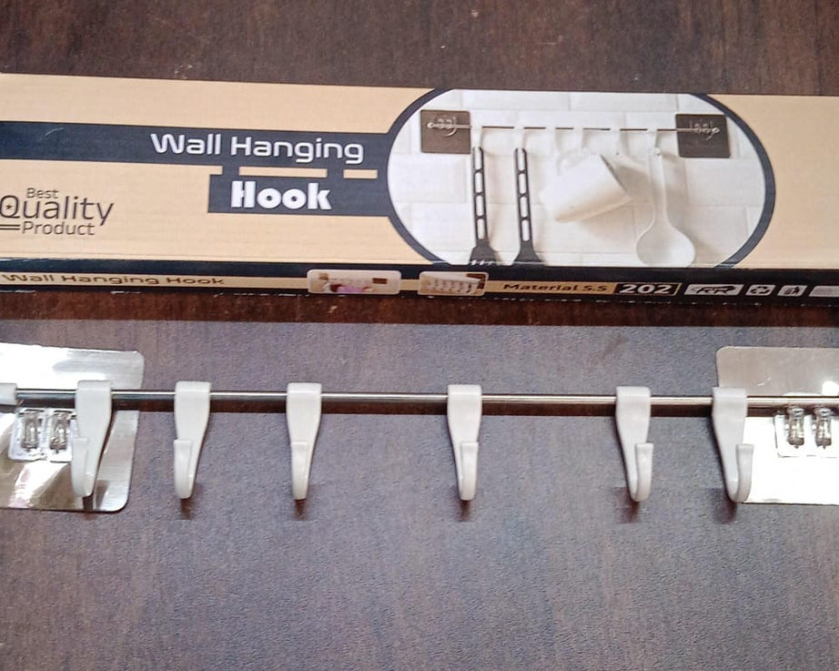 Stainless Steel Utensil Hanger Rail Nail Free Wall Mount with 2 Magic Stickers & 6 Plastic Hooks For Kitchen