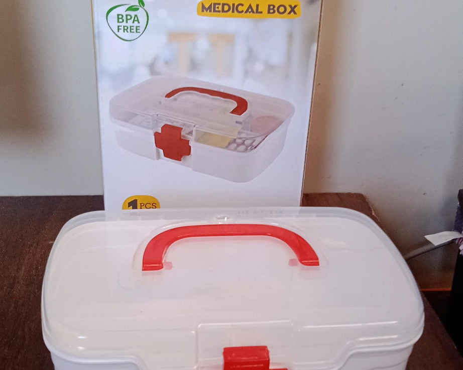 3 Compartment Medical Box, 1 Piece, Indoor Outdoor Medical Utility, Medicine Storage Box, Detachable Tray Medical Box Multi Purpose Regular Medicine, First Aid Box with Handle, Transparent Lid & Color Box 