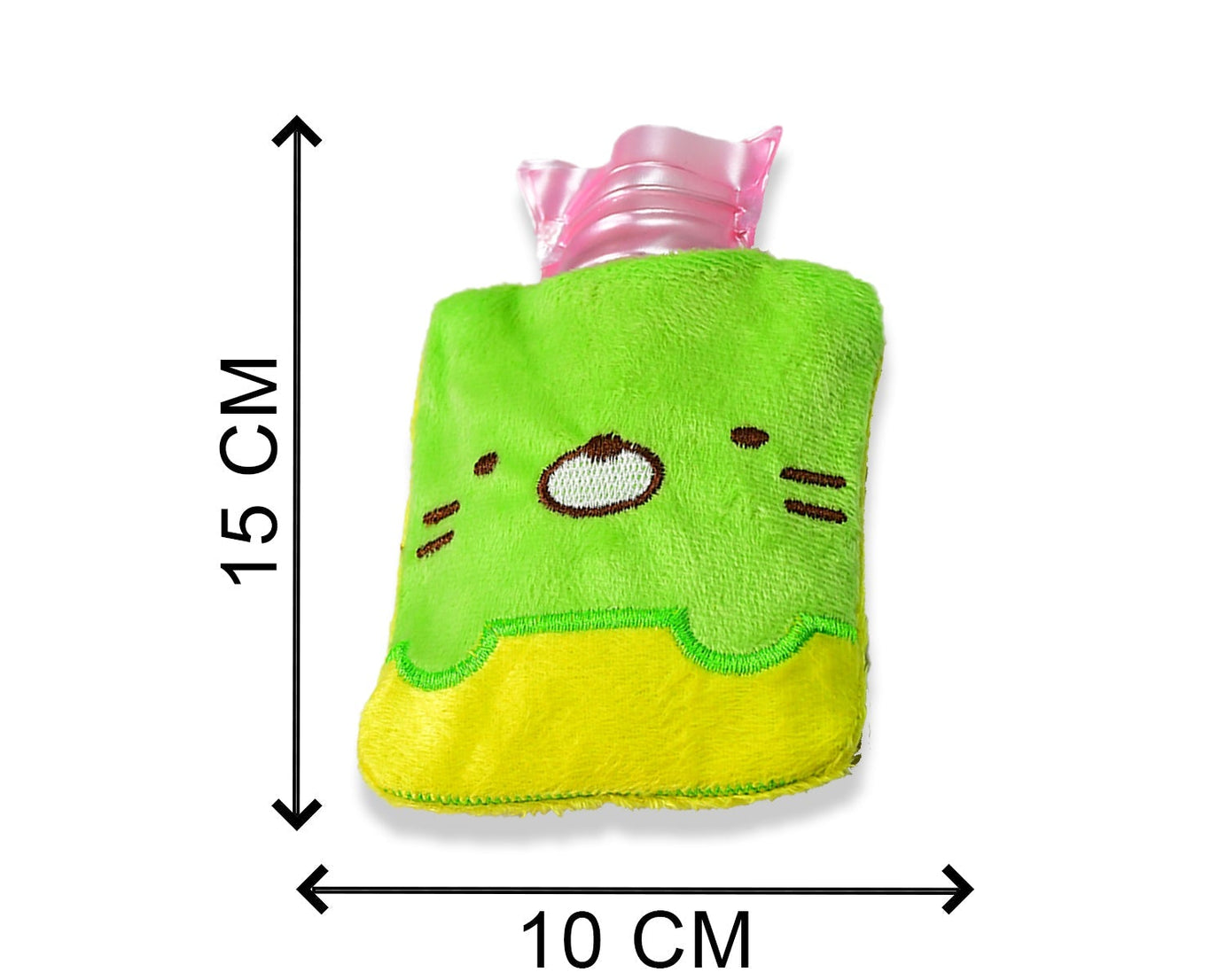Small hot water bag with green Kitty design for various pains