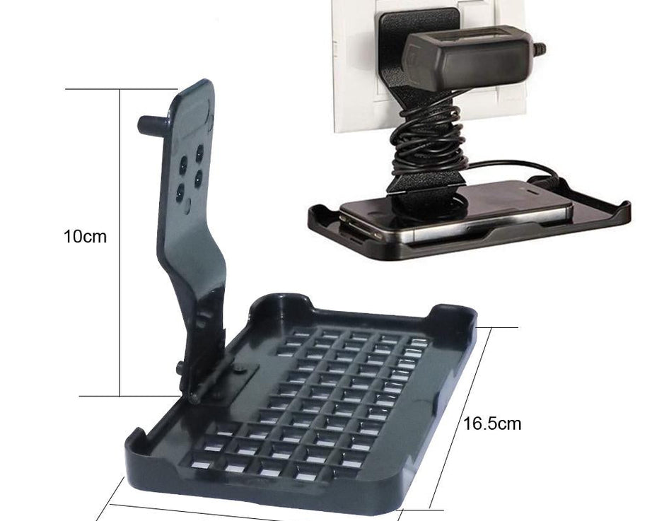 Wall holder for phone with integrated charging stand.