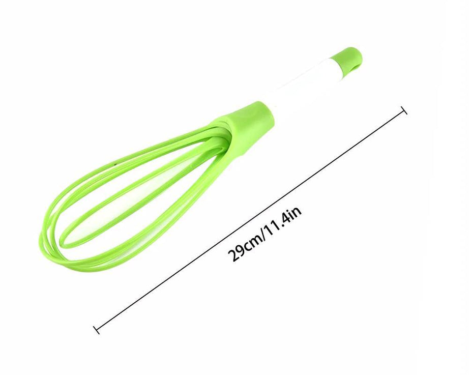 Durable plastic balloon whisk for mixing milk, coffee, eggs, and juice.