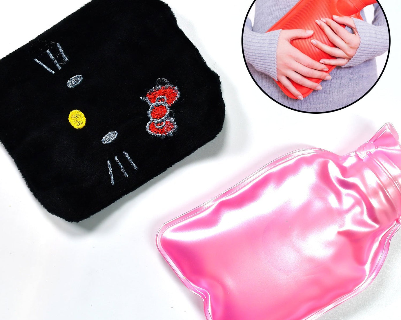 Black Hello Kitty hot water bag with cover for pain relief