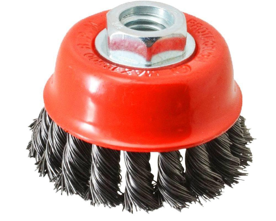 Black wire wheel cup brush for heavy-duty cleaning.