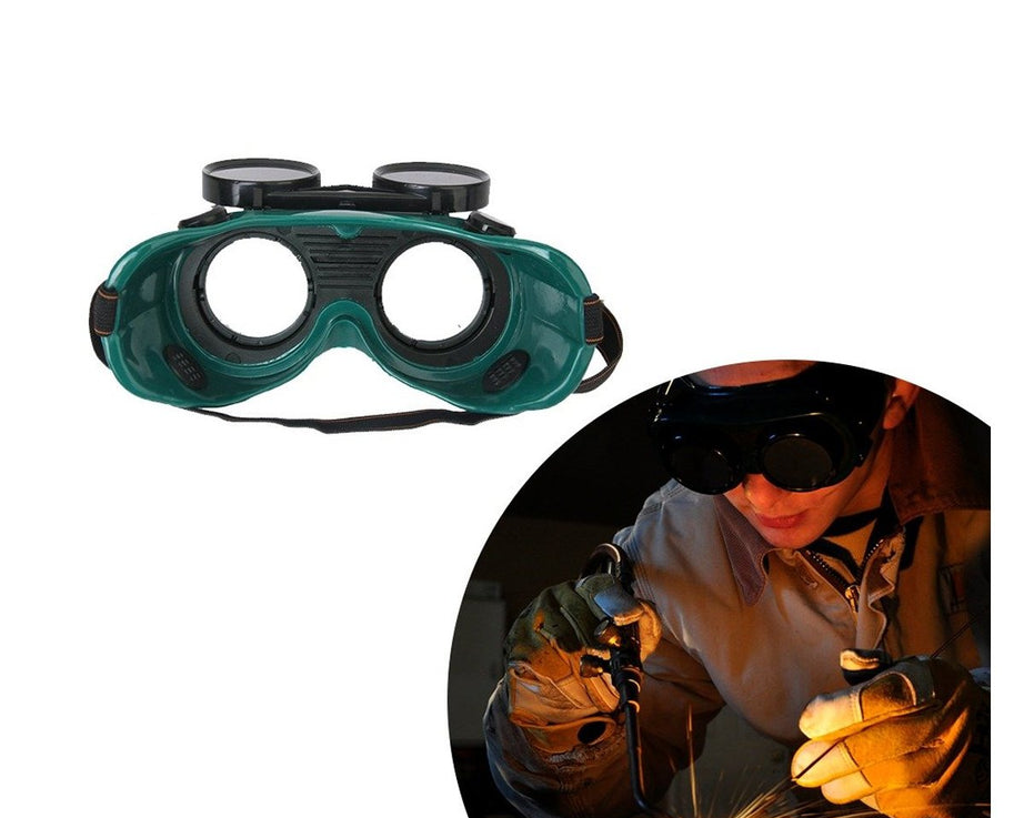 Durable dark green welding goggles, large fit.