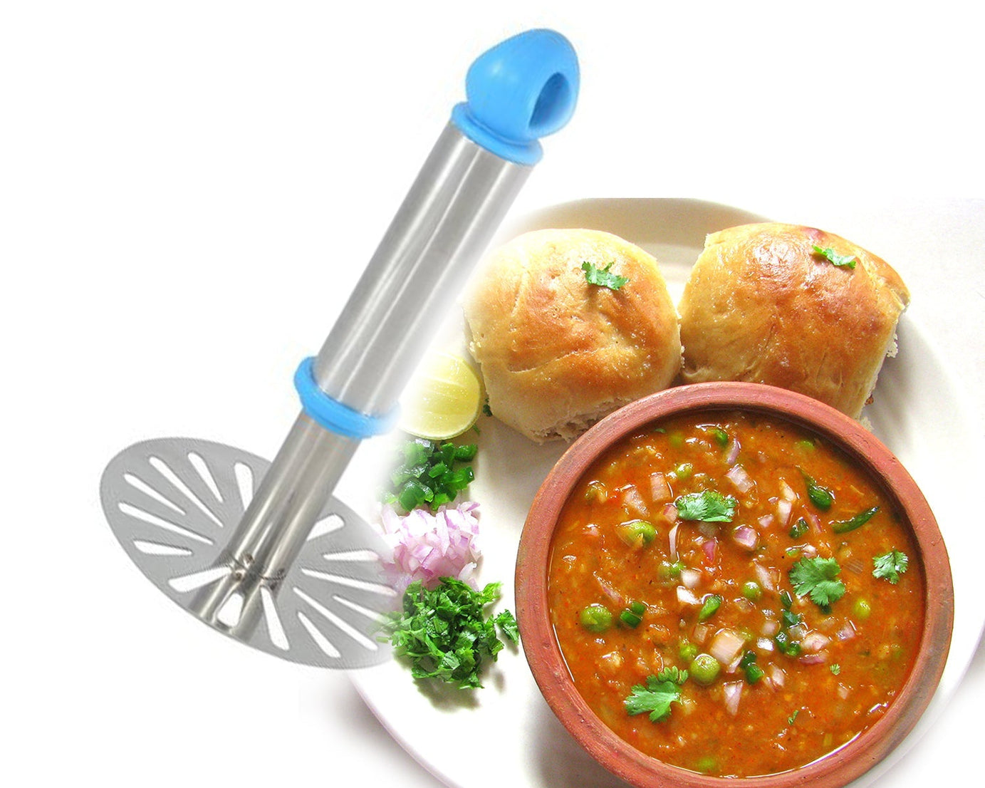 Versatile stainless steel masher for mashing vegetables and more.