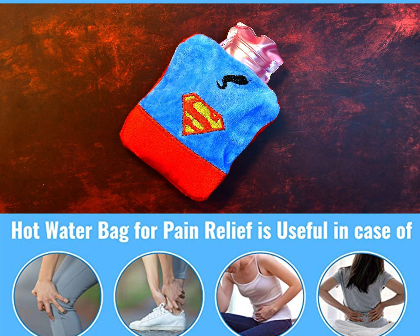 6530 Superman Print small Hot Water Bag with Cover for Pain Relief, Neck, Shoulder Pain and Hand, Feet Warmer, Menstrual Cramps.