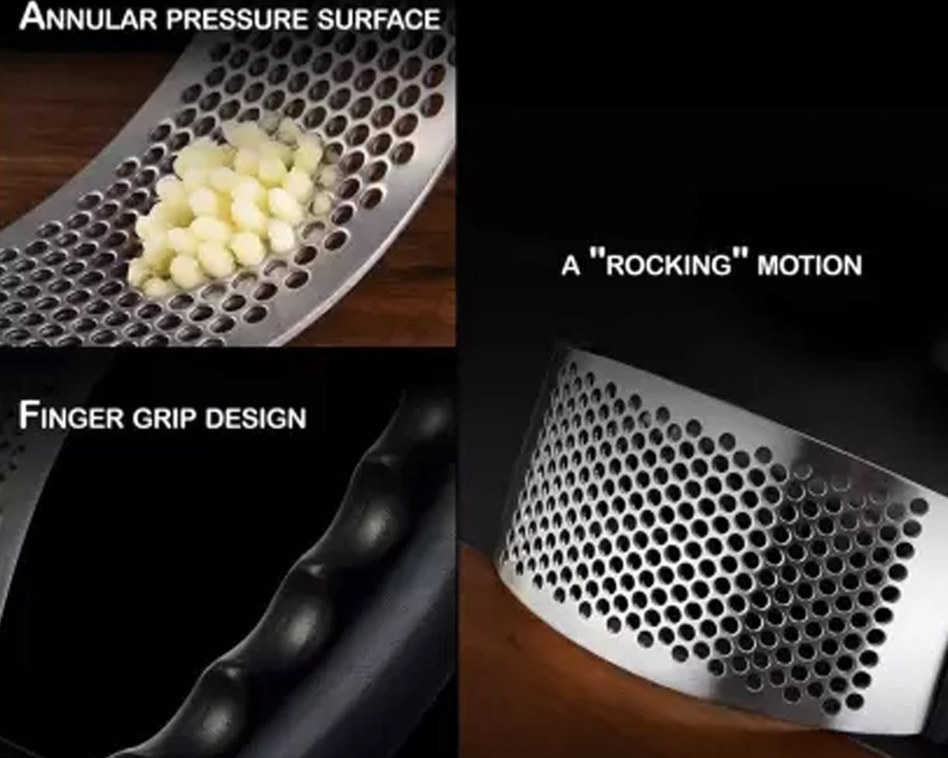 Ergonomic stainless steel garlic presser for kitchen use.