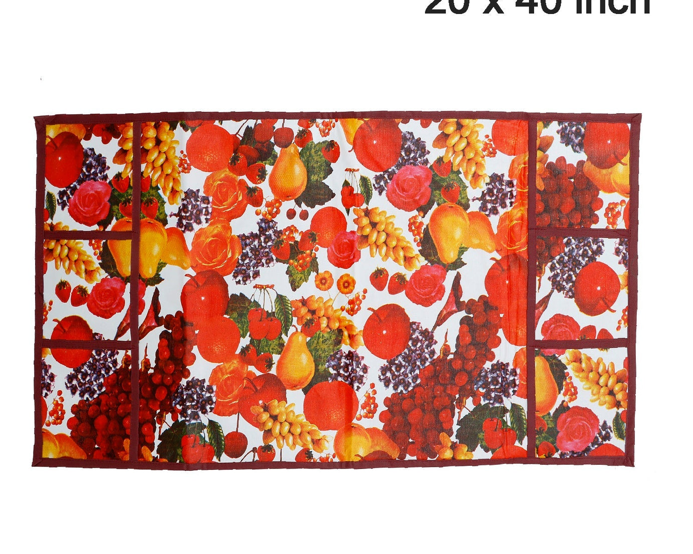 Fridge top cover with a decorative fruit design in white and maroon.