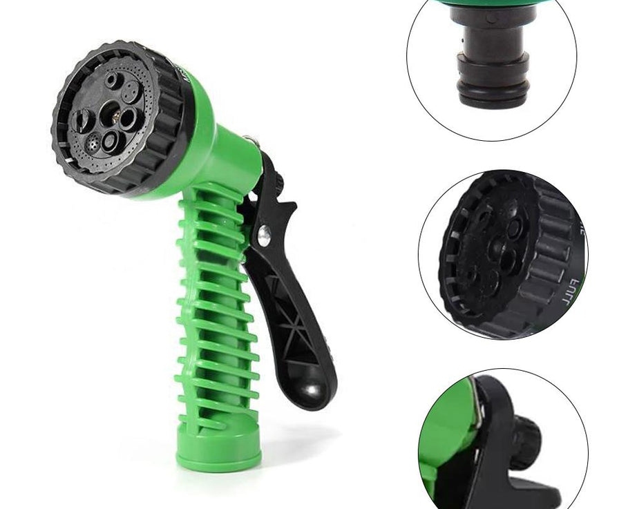 Plastic garden hose nozzle with spray options.
