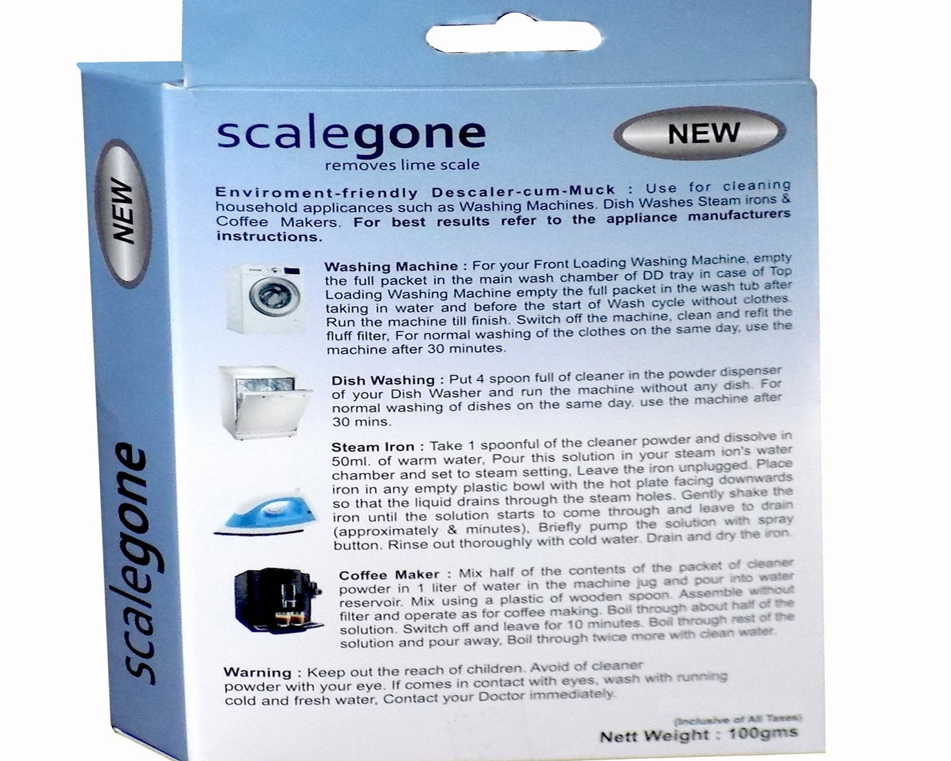 100 gm washing machine scalegon powder, removes scale and grime.