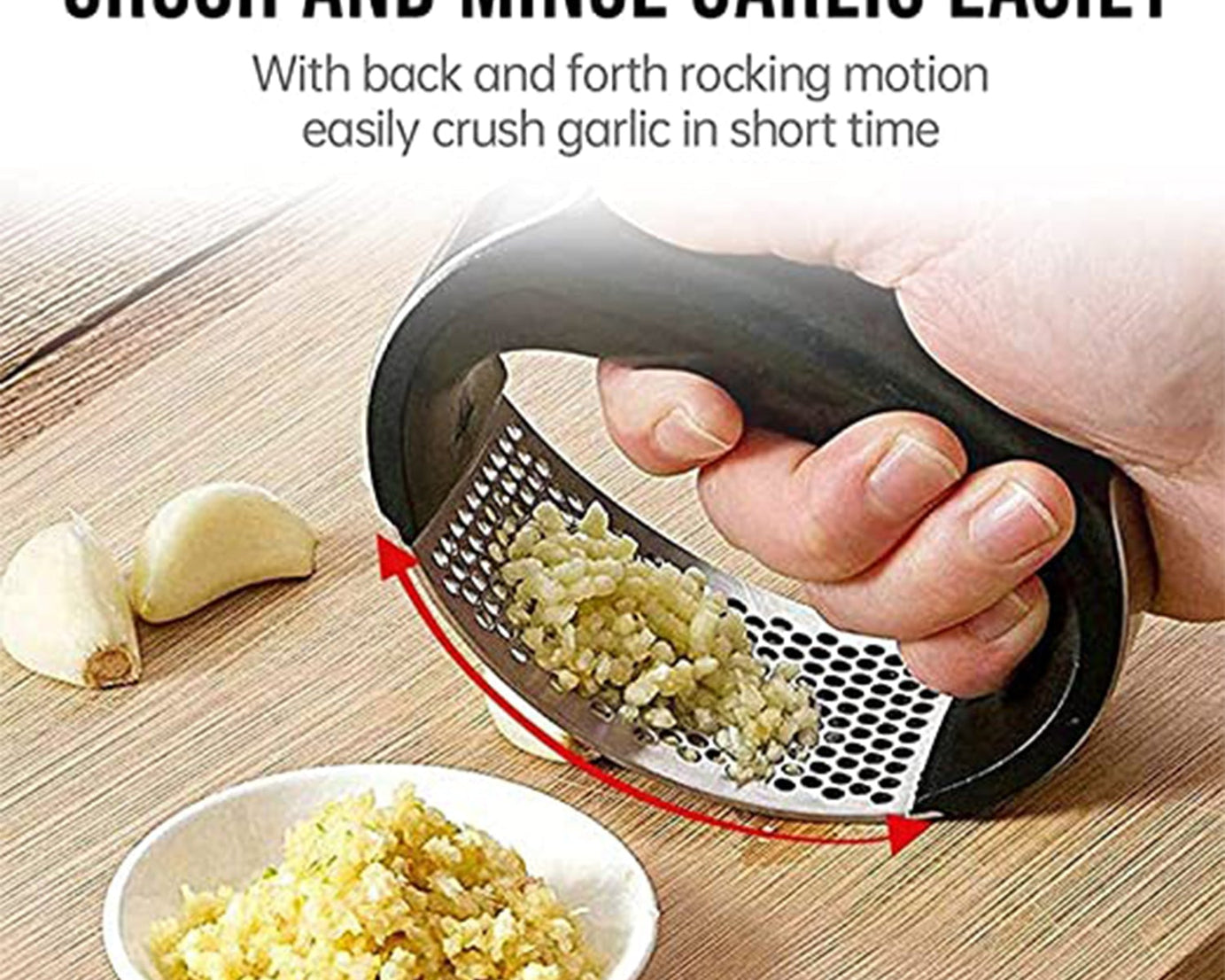 Garlic press in use
