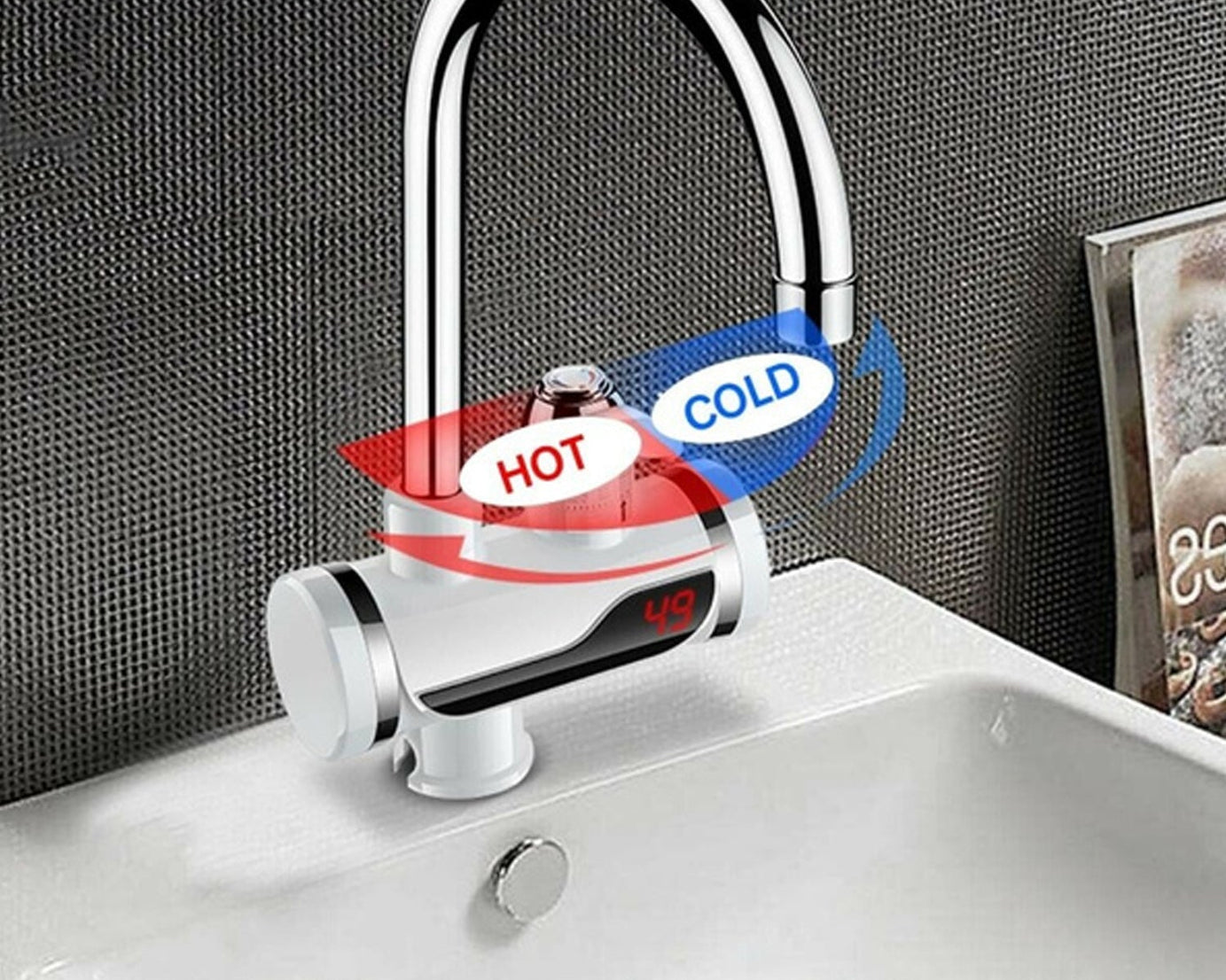 Stainless steel electric water heater faucet with LED display.