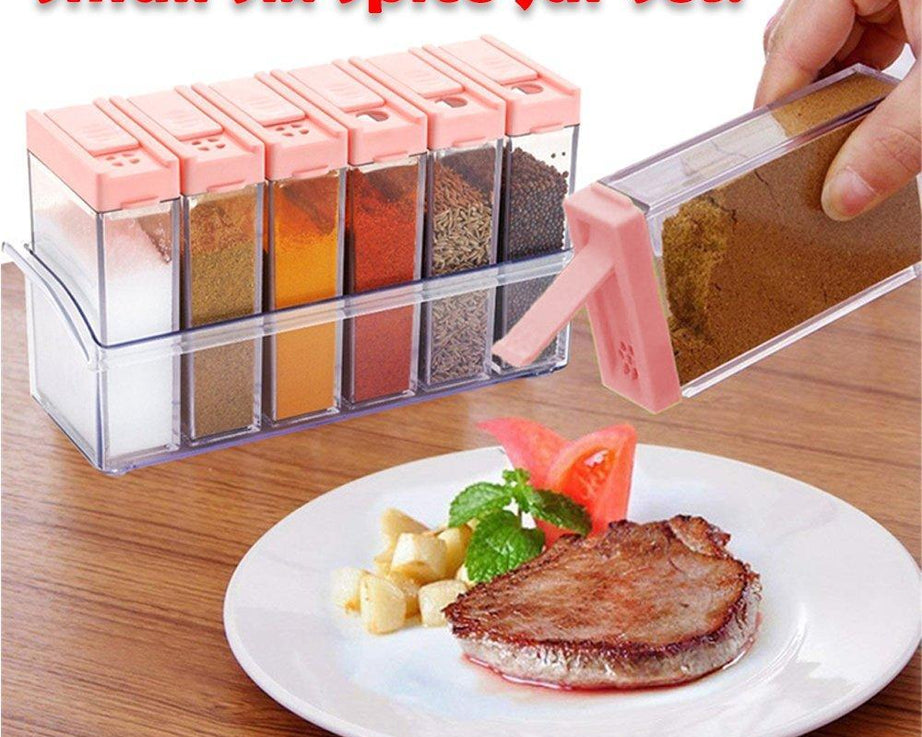 Set of six plastic spice jars in different colors