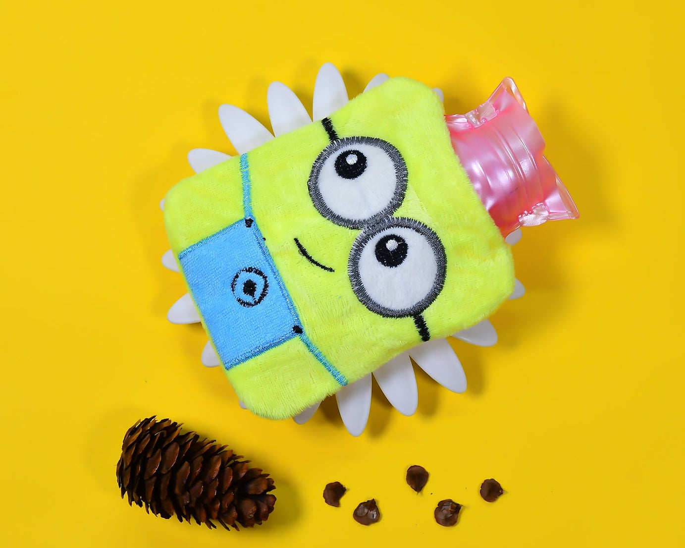 Minions-themed hot water bag with soft cover for comfort and pain relief