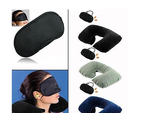 Kit with pillow, ear buds, and eye mask for travel.