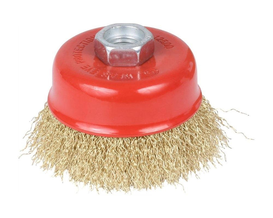 Gold wire wheel cup brush for heavy cleaning.