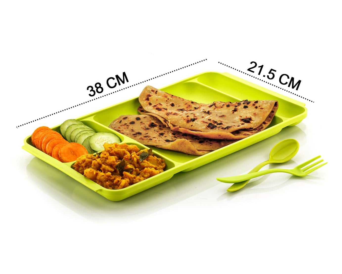 Plastic dinner plate with 4 compartments, spoon, and fork included