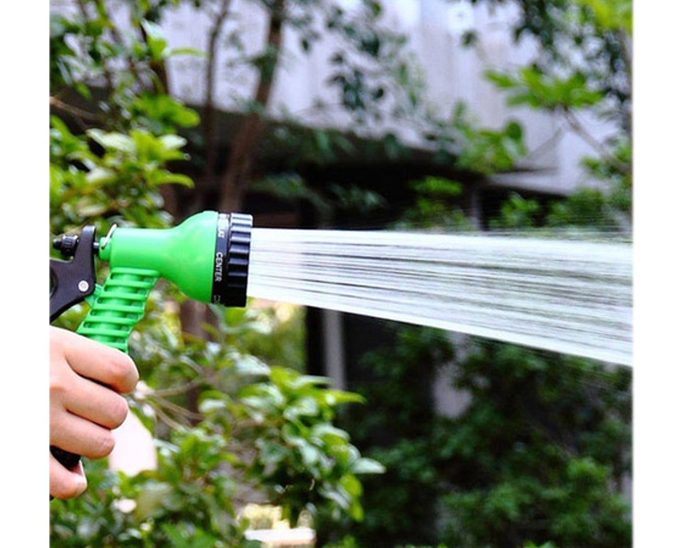 Garden hose nozzle with connector and tap adapter.