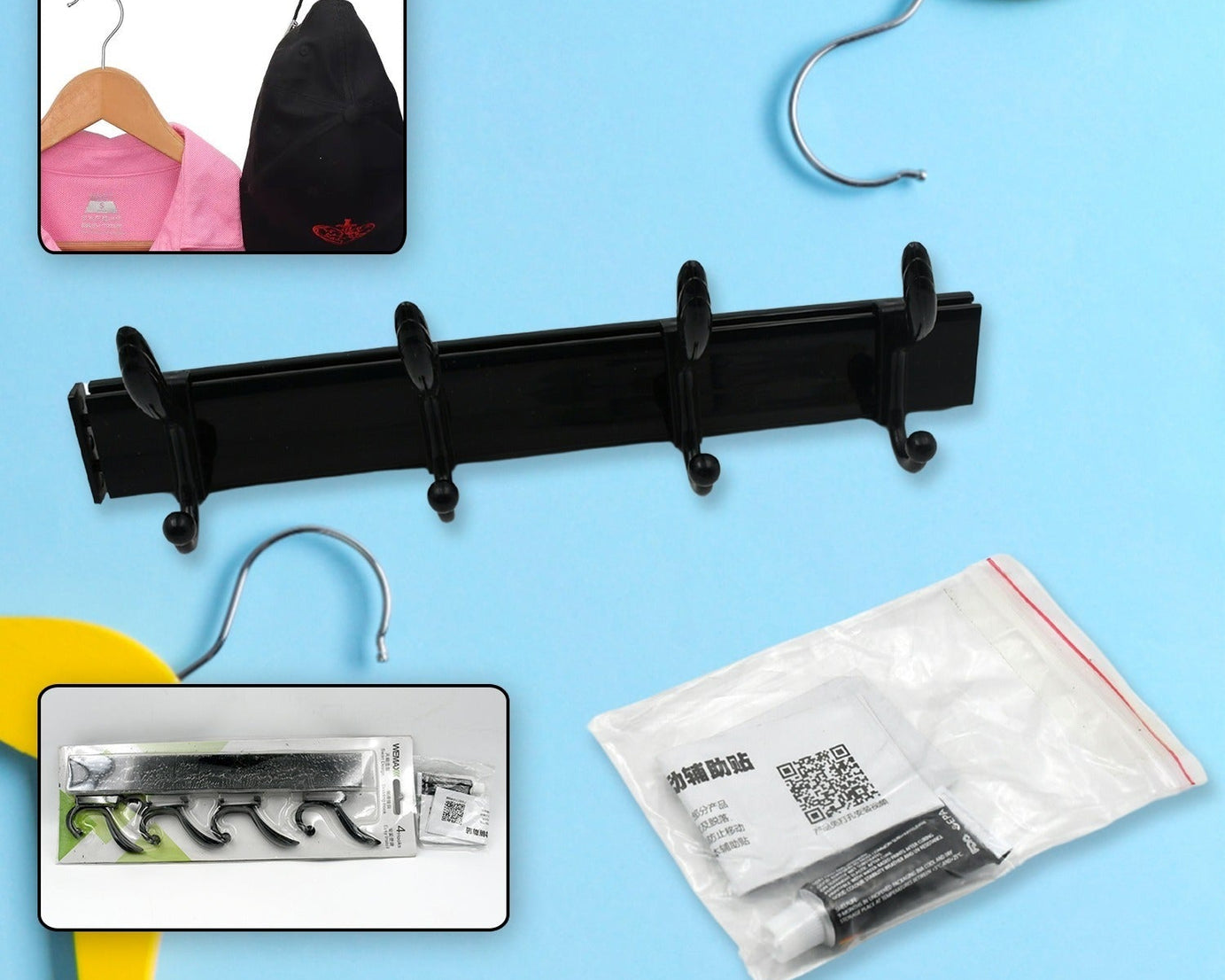 Cloth hanger, Wall Door Hooks Rail for Hanging Clothes for Hanging Hook Rack Rail, Extra Long Coat Hanger Wall Mount for Clothes, Jacket, Hats, 6 Hook With Eco-friendly Liquid Adhesive Glue