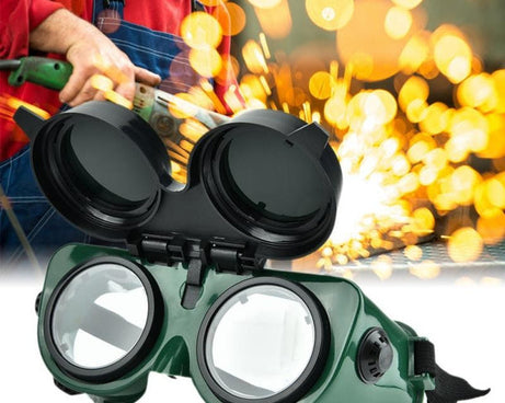Protective welding goggles in dark green, large size.