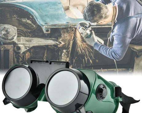 Comfortable large welding goggles in dark green.