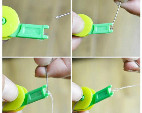 Needle threading device in multicolour with a needle and thread in use