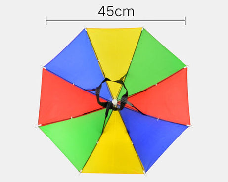 Hands-free umbrella hat, shields from sun and rain.