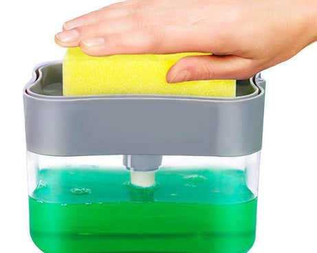 Countertop soap dispenser with sponge holder.