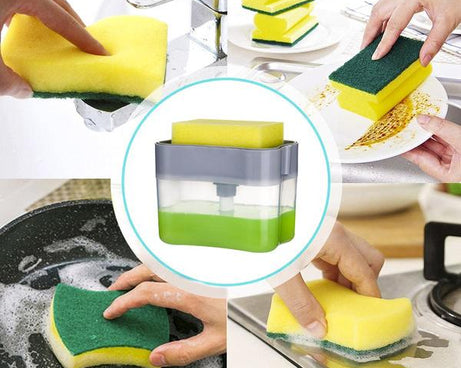 Countertop soap dispenser with integrated sponge space.