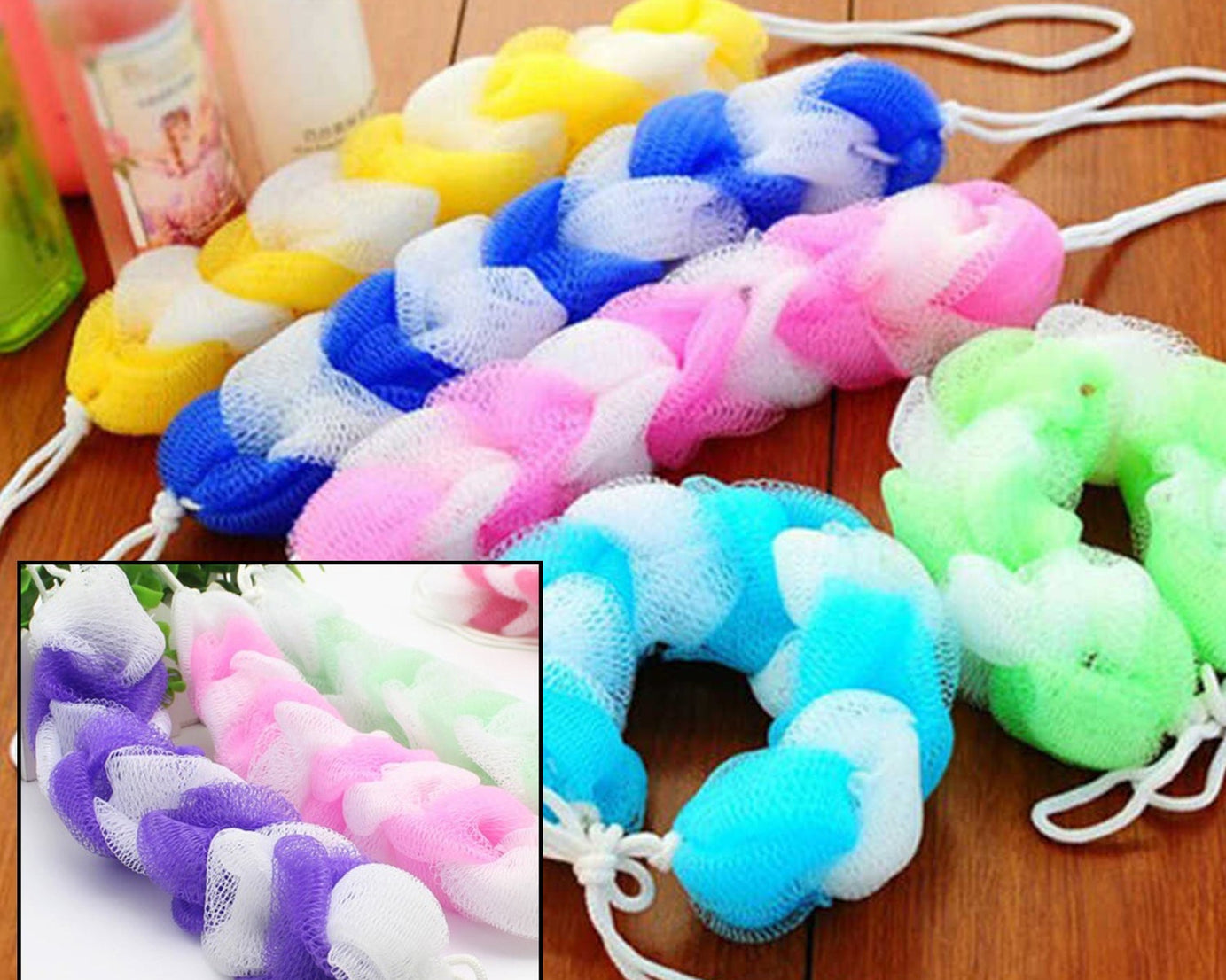 Small loofah sponge, pack of 6, for gentle body exfoliation.