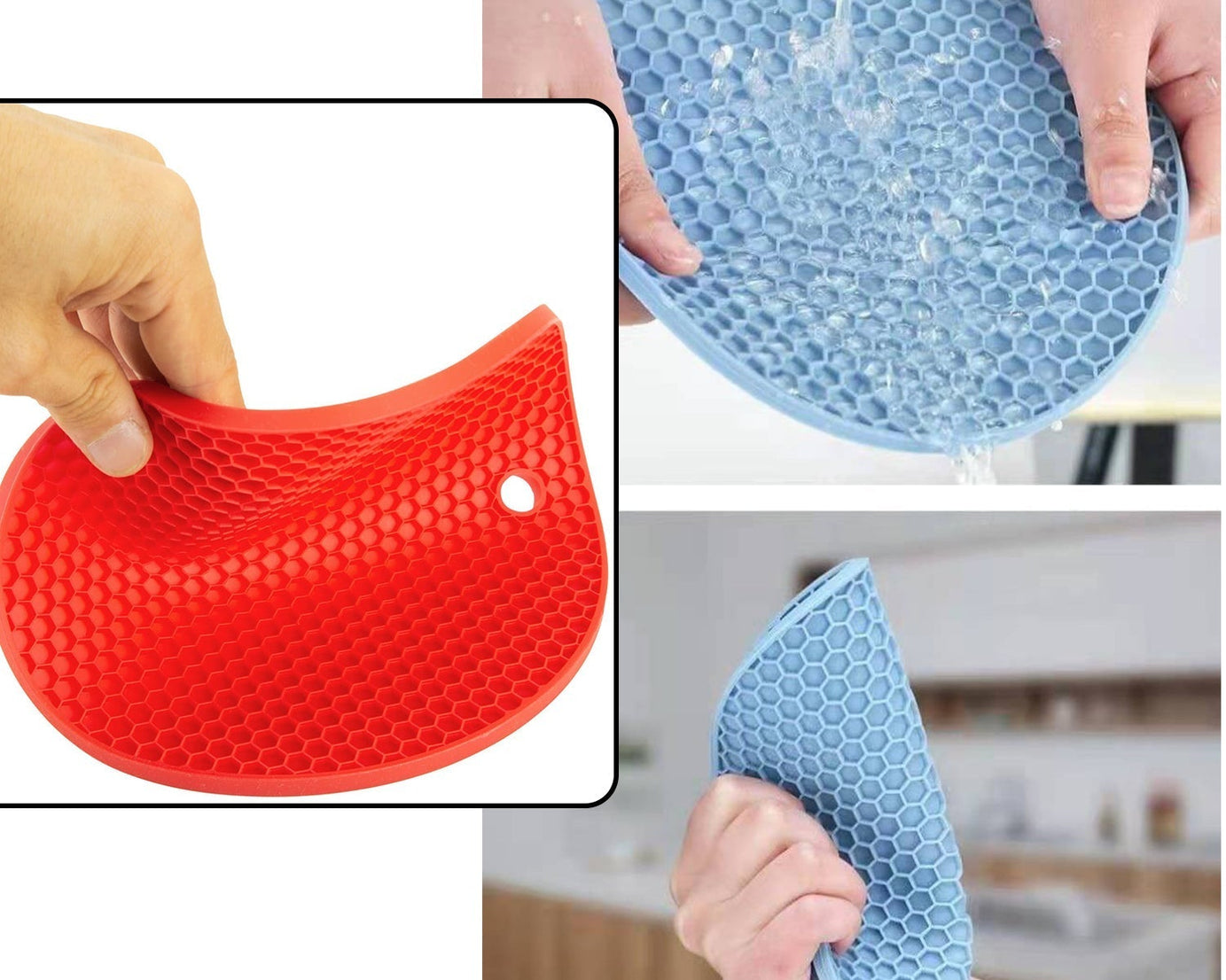 Practical silicone hot mat designed to prevent damage from hot dishes.