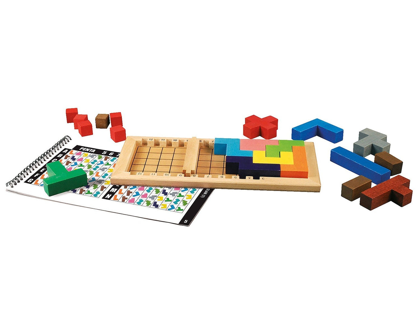 Wooden mind game with vibrant colors and pieces for interactive learning.