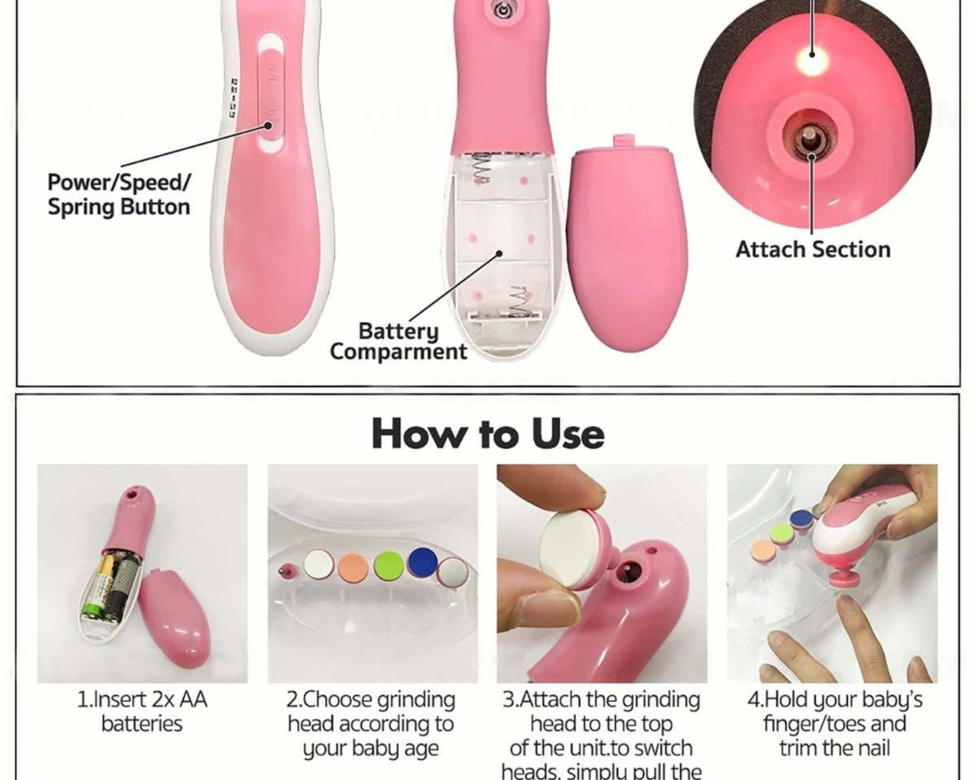Baby nail trimmer with multiple grinding heads