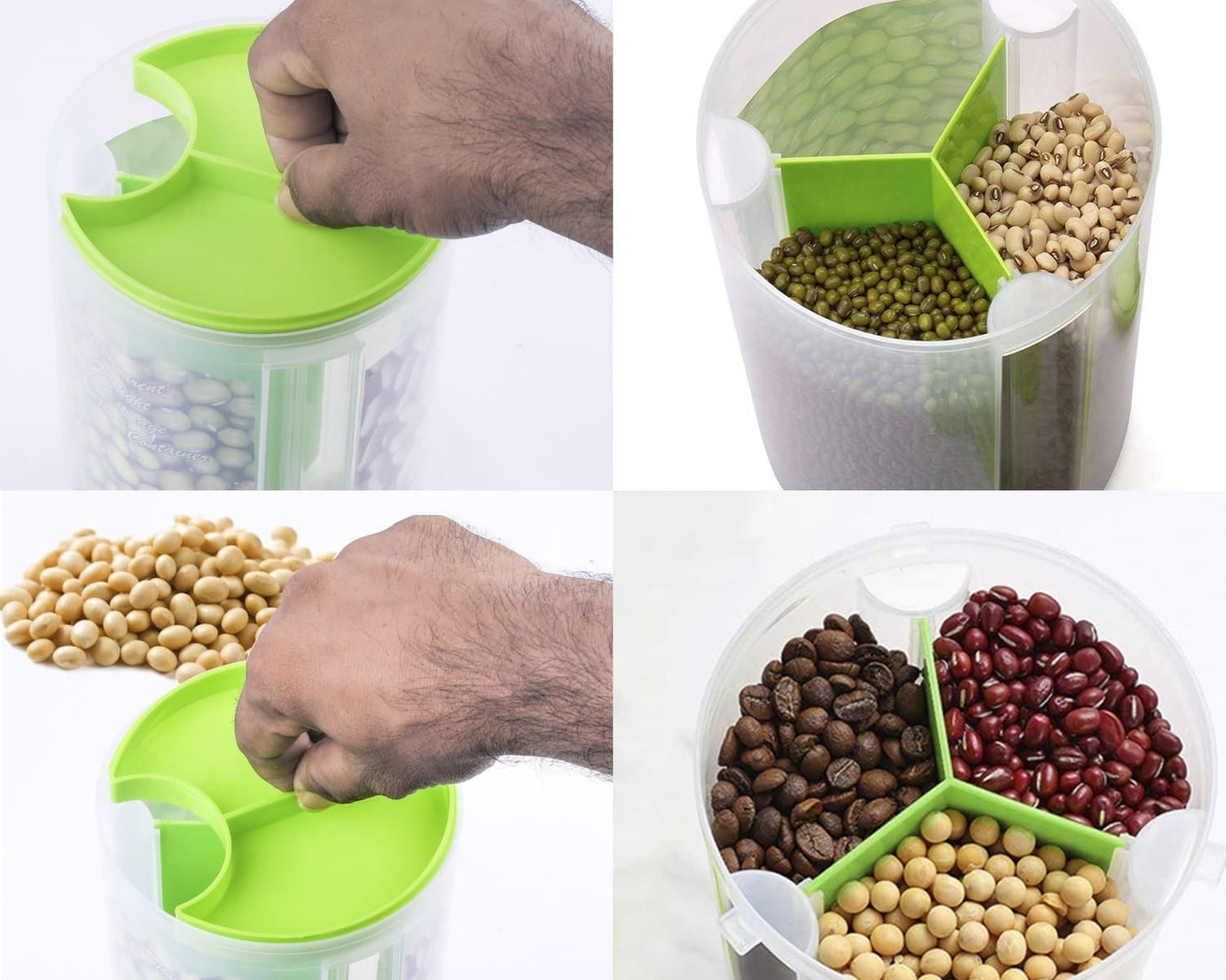 transparent airtight dispenser with a three-compartment design.