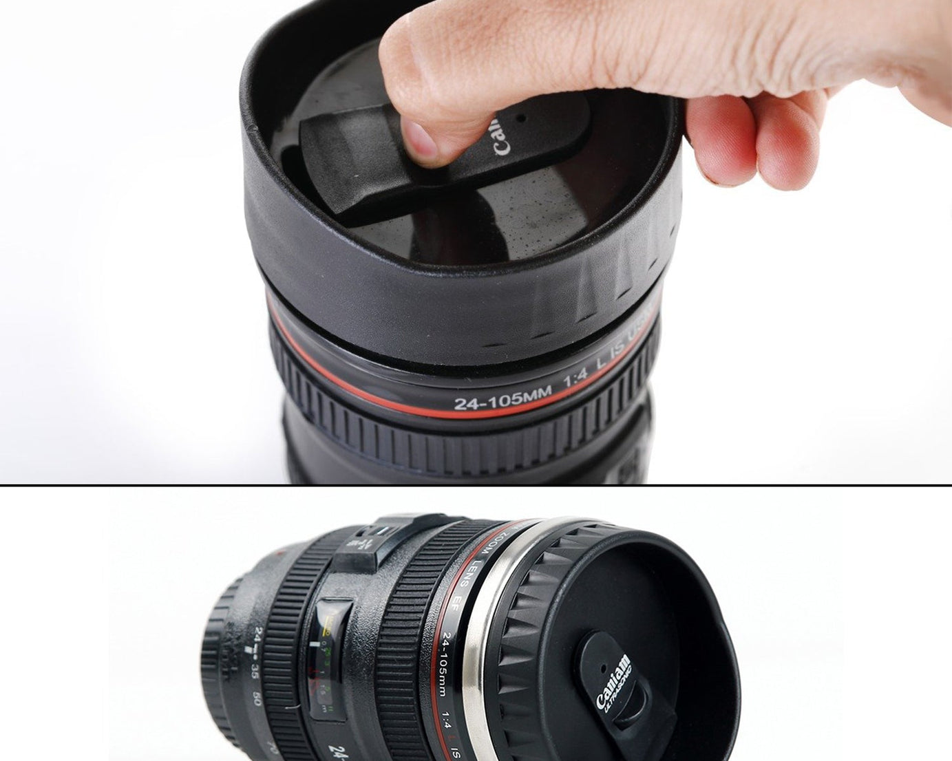 Stainless steel coffee mug with a plastic camera lens appearance, displaying the detailed design