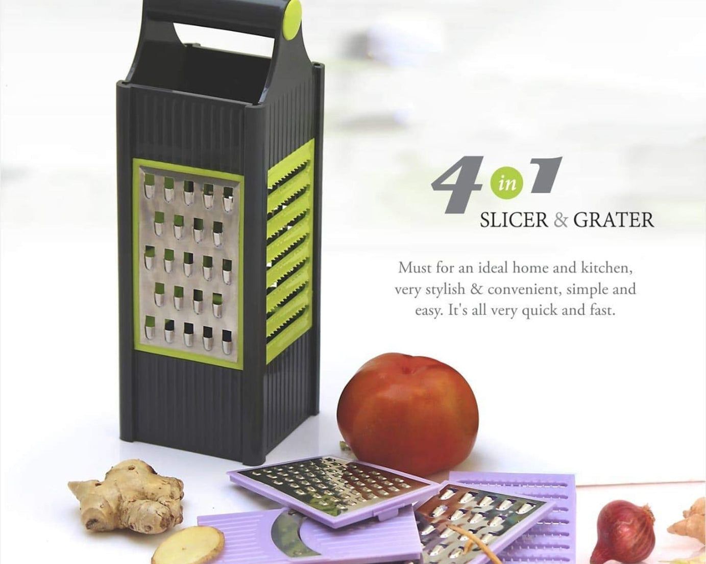 Practical plastic grater with four blade options for easy slicing and grating