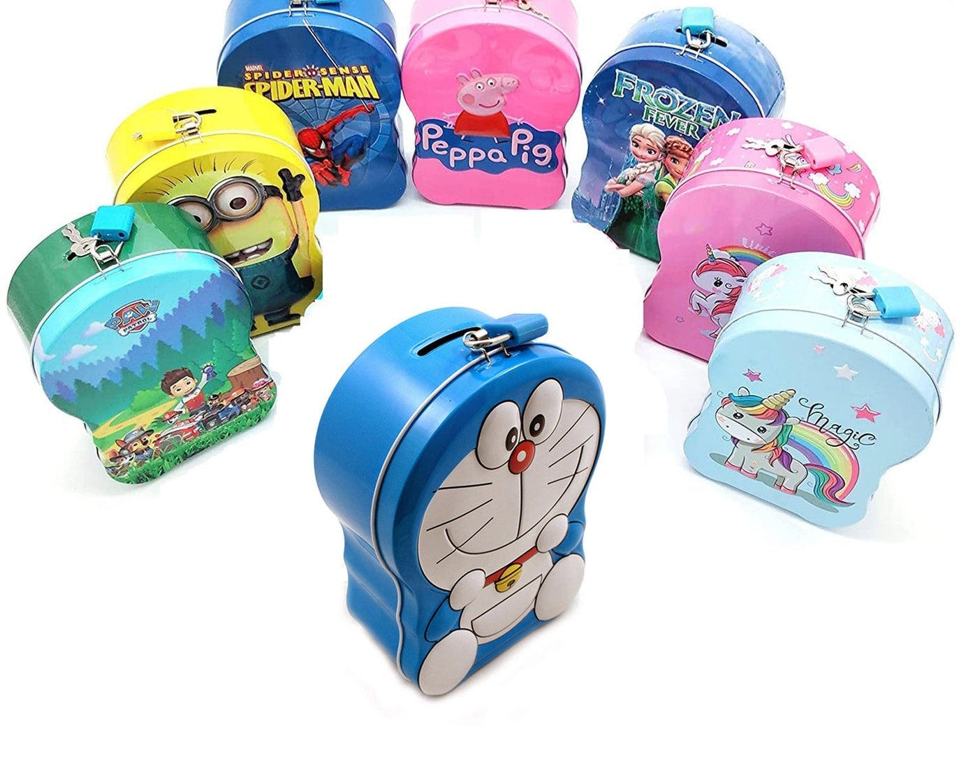 Metal piggy bank with cartoon design, ideal for saving coins and small amounts of money