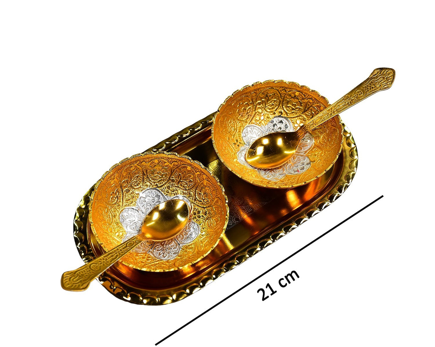 Brass serving tray set with gold and silver plating, includes two bowls and spoons, in a red velvet box.