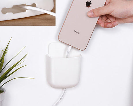 Wall-mounted storage for mobile with charging dock.