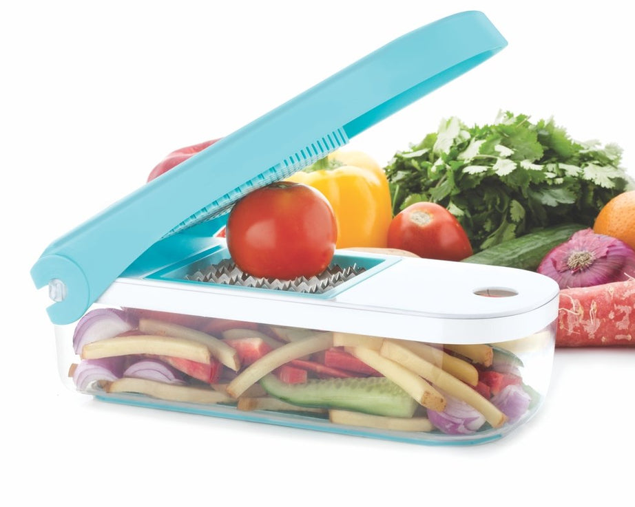 Plastic vegetable dicer by Ganesh, 7-in-1, blue color, shown from different perspectives.