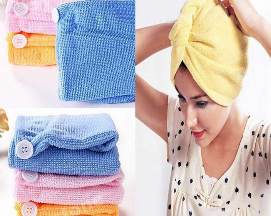 Microfiber hair-drying towel, quick-dry turban and shower cap.