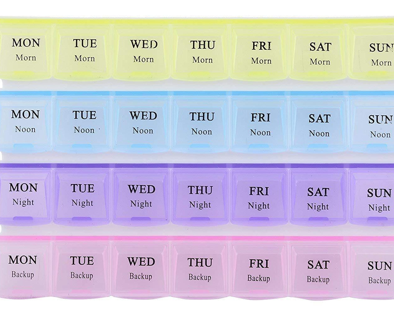 Weekly medicine storage container with 4 rows and easy-to-open compartments.